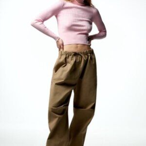Zara Cropped Knit Ribbed Light Pink Long Sleeve Turtleneck Top Size M